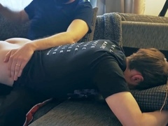 Inexperienced man receives his first spanking from a dominant gay couple