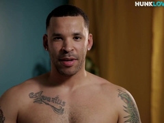 Buzzcut inked stud strips shorts and masturbates indoors